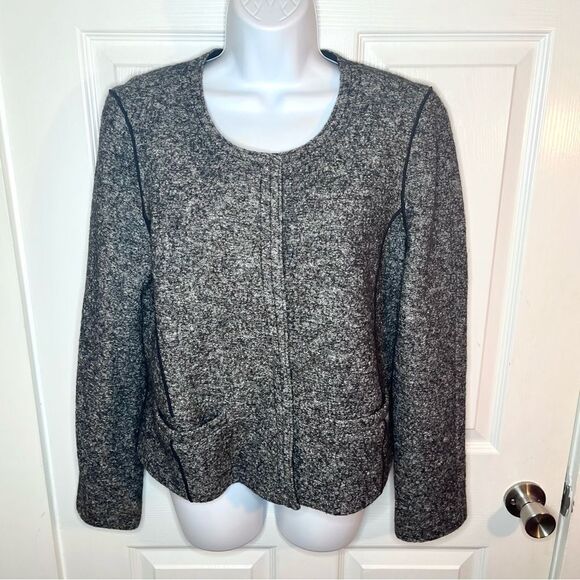 LOFT Pocket Chic Tweed Wool Cotton Blend Blazer Jacket Marled Grey Black 8 - Picture 5 of 13